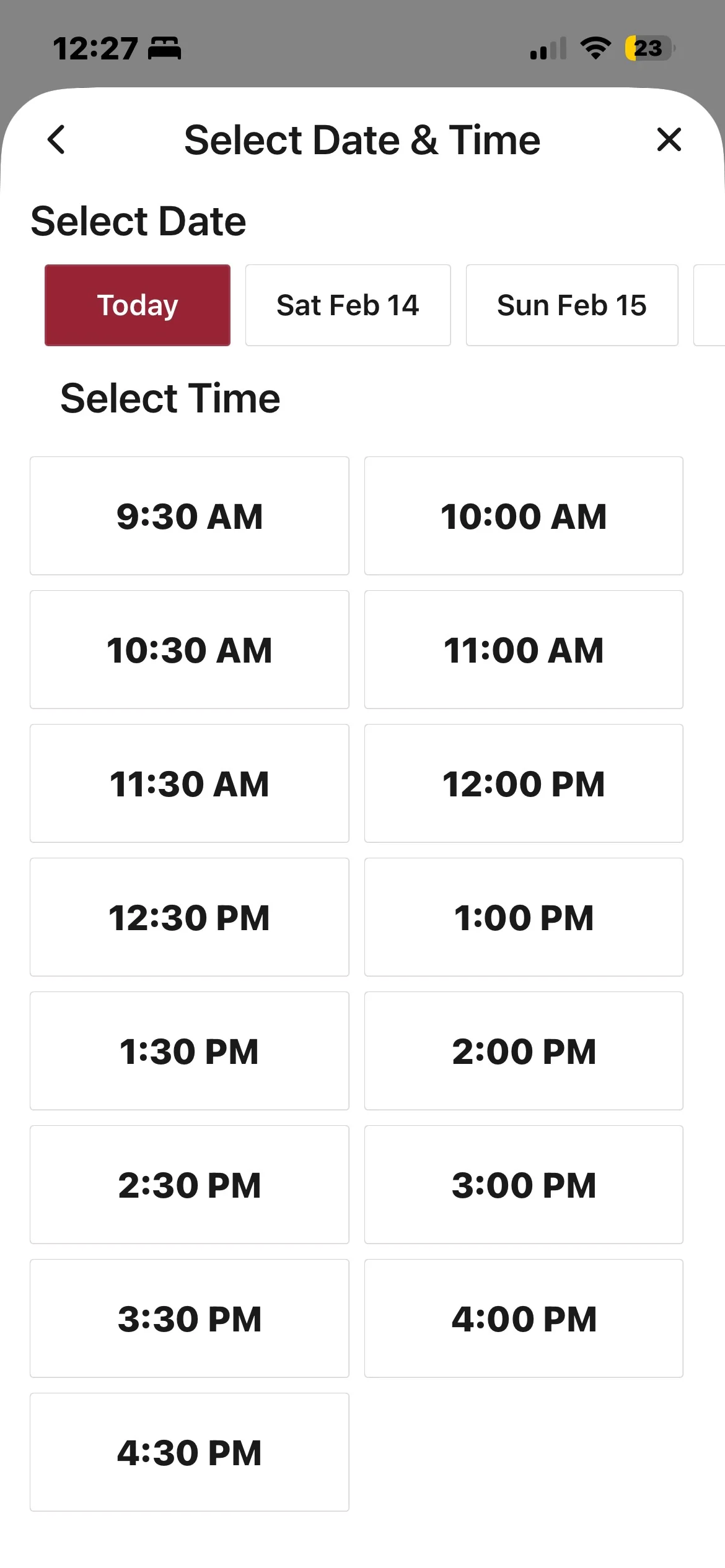 Studioloop client app — choosing an appointment time